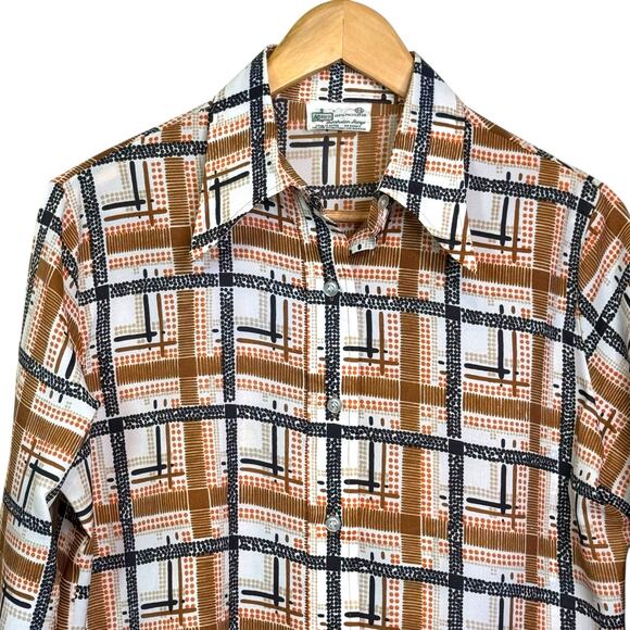 Vintage K-Mart 1970's Size 38 Geometric Print Polyester Dagger Collar Shirt - Picture 2 of 7
